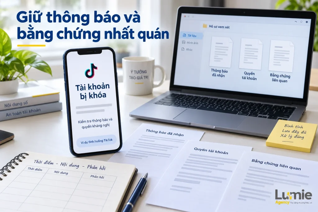 Bộ hồ sơ minh họa lưu thông báo hạn chế, xác nhận quyền tài khoản và bằng chứng liên quan