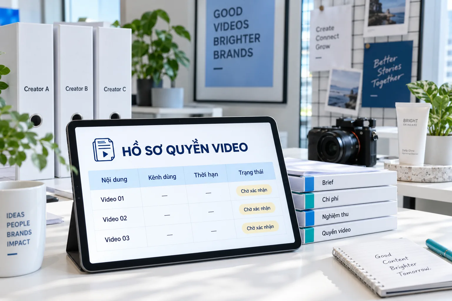 Hồ sơ theo từng creator và bảng quyền video với kênh, thời hạn, trạng thái
