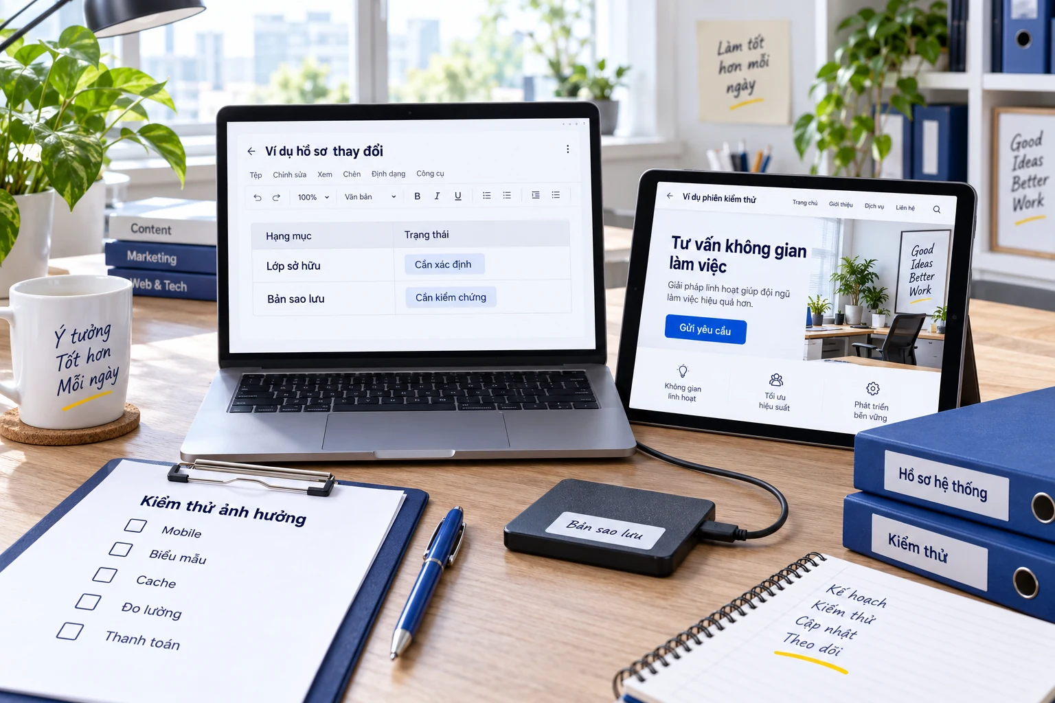 Bàn kỹ thuật với bản sao lưu, phiên kiểm thử và checklist ảnh hưởng website