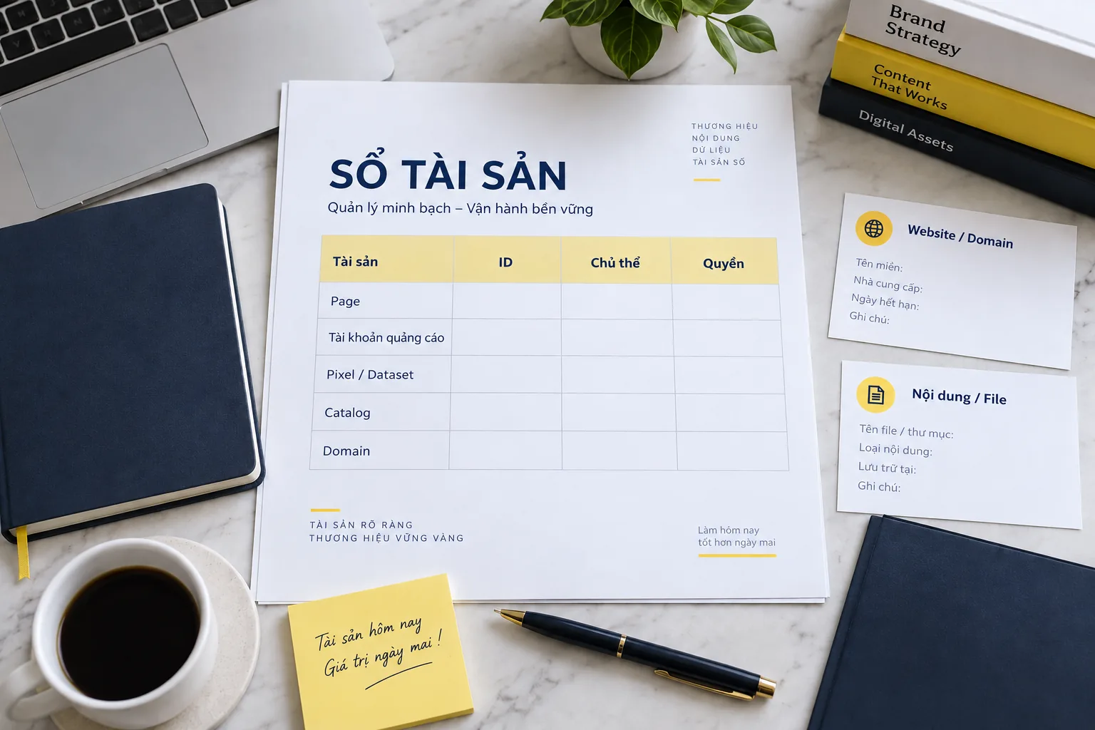 Sổ tài sản gồm Page, tài khoản quảng cáo, Pixel, catalog và domain