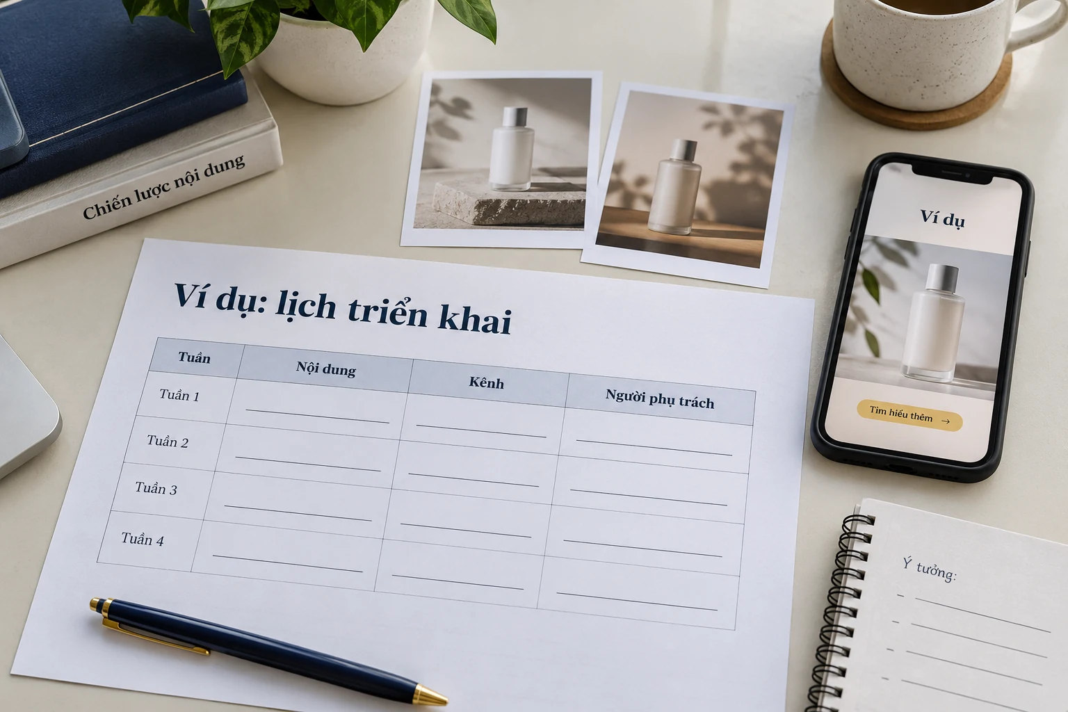 Lịch triển khai mẫu nối nội dung, kênh quảng cáo và người phụ trách theo từng tuần