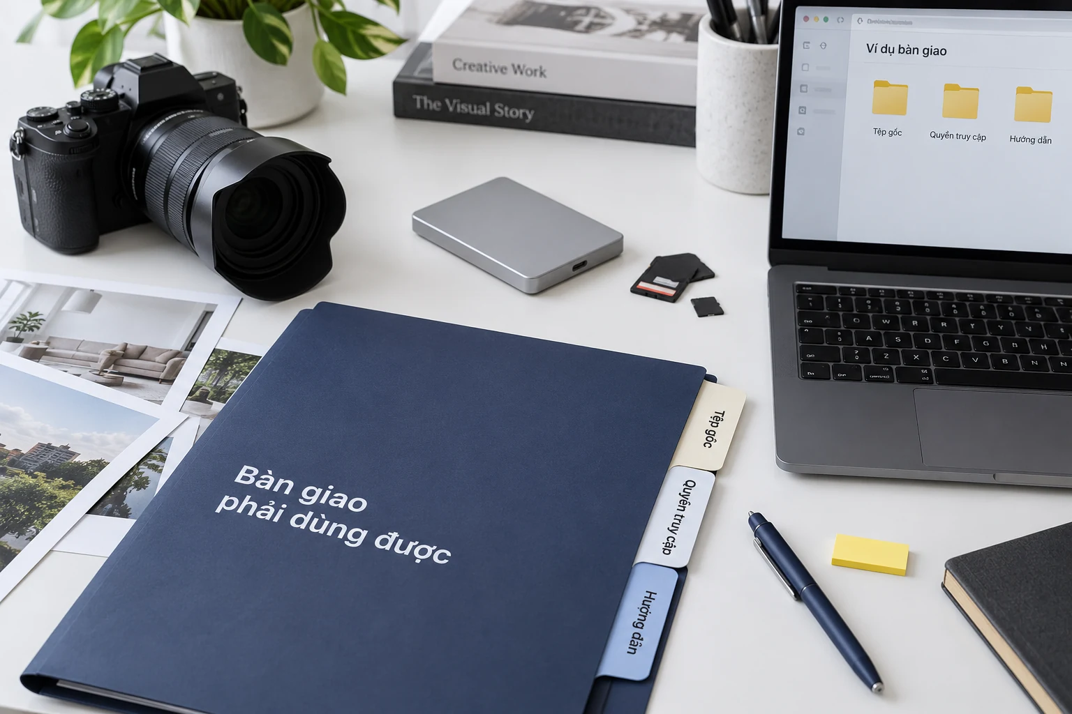 Bộ bàn giao marketing mẫu với tệp gốc, quyền truy cập và hướng dẫn sử dụng