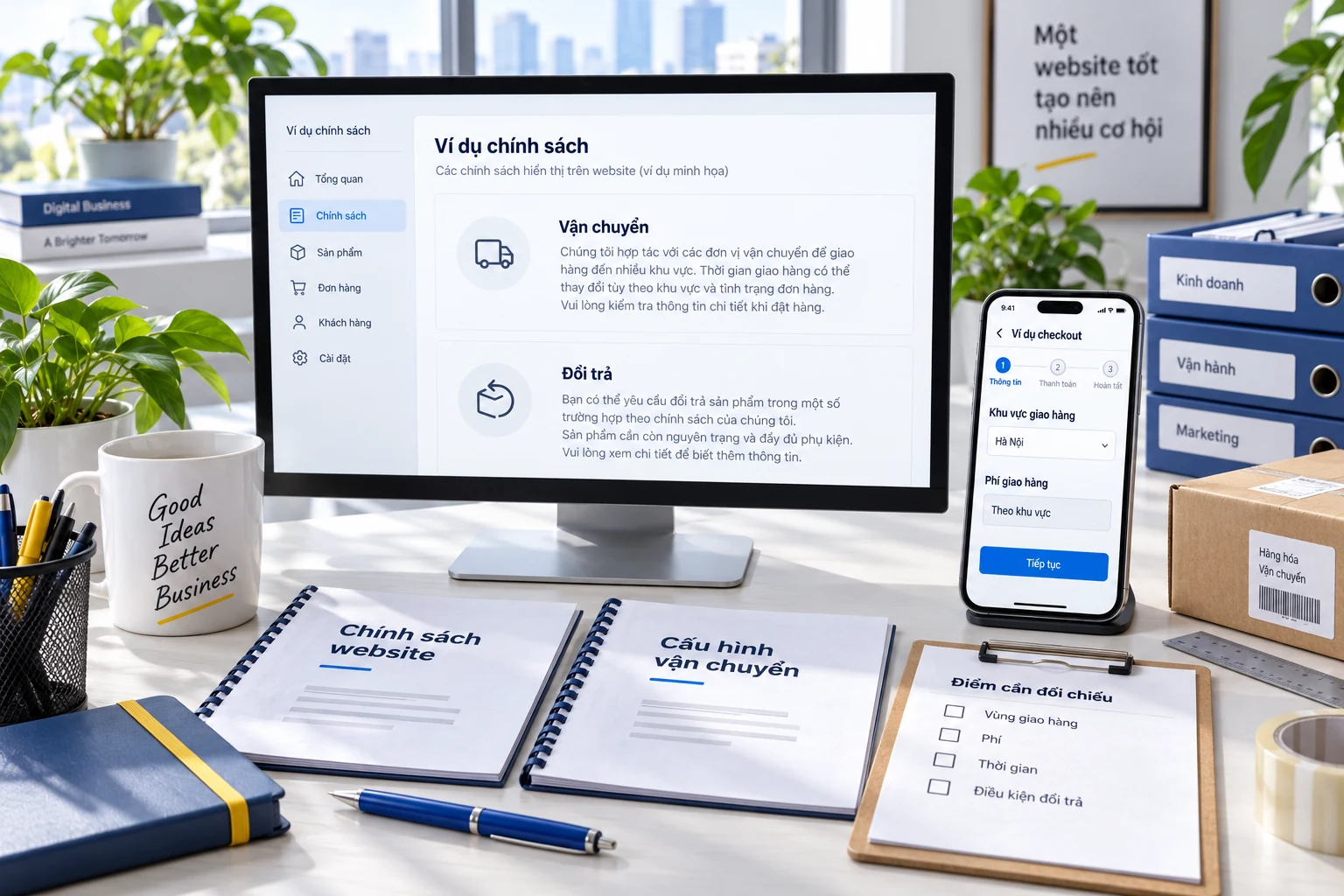 Bàn đối chiếu chính sách vận chuyển, đổi trả và vùng giao hàng trên checkout mẫu