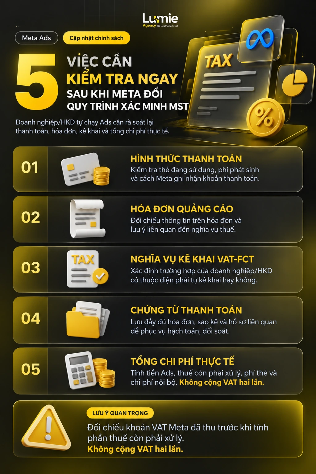 Năm việc rà soát: thanh toán, hóa đơn, VAT-FCT, chứng từ và tổng chi phí thực tế sau cập nhật xác minh mã số thuế Meta