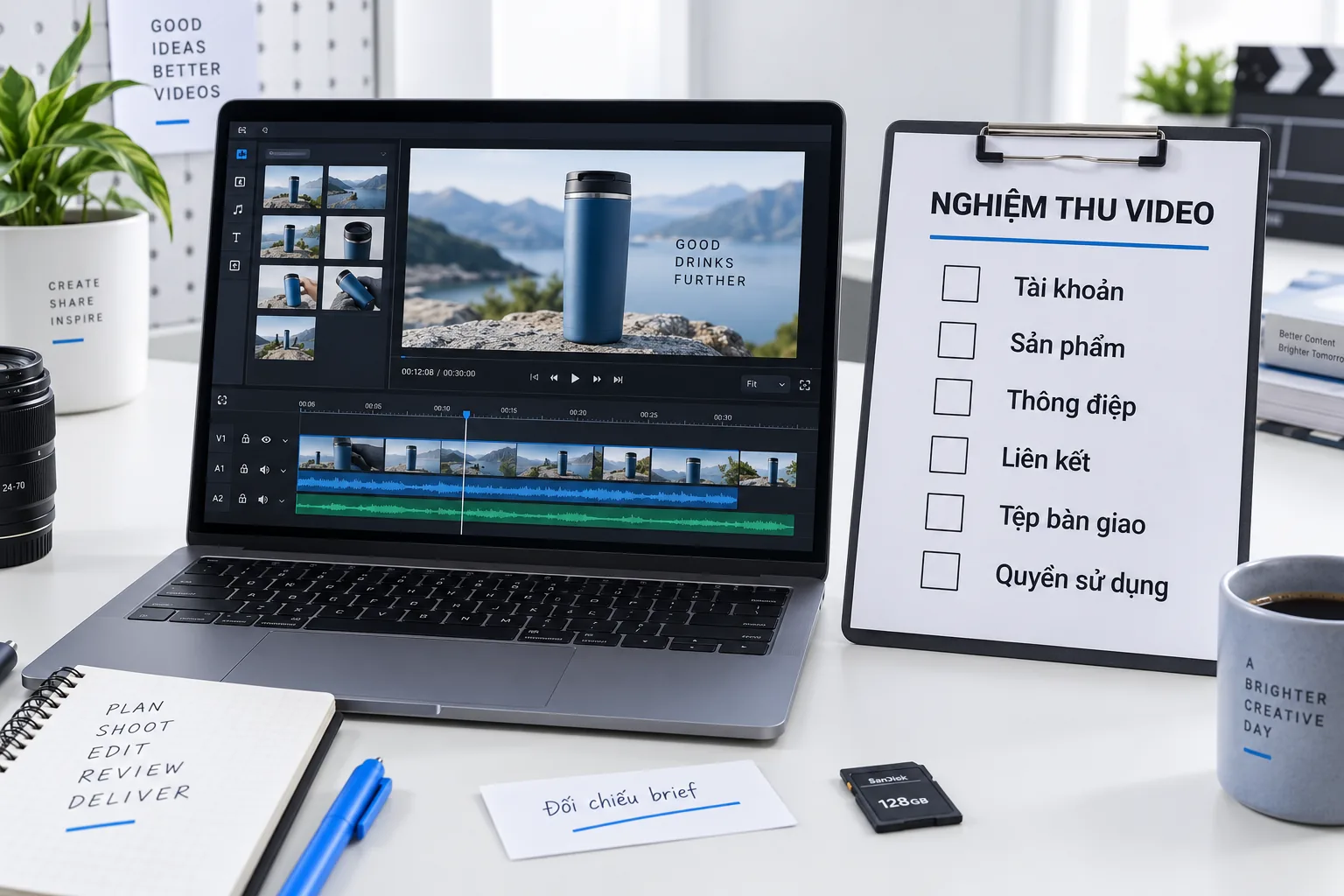 Checklist nghiệm thu video với tài khoản, sản phẩm, thông điệp và quyền sử dụng