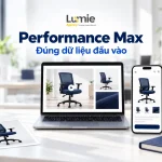 Performance Max với bộ creative ghế văn phòng và trang sản phẩm trên nhiều thiết bị