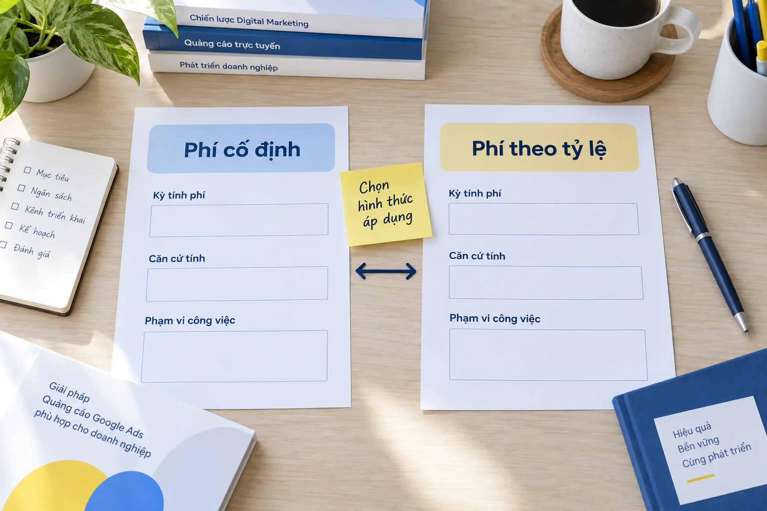 Hai bảng phí cố định và phí theo tỷ lệ với kỳ tính phí và phạm vi công việc