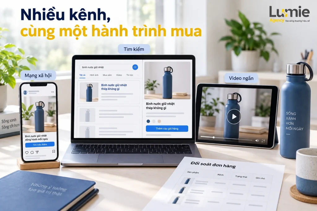 Cùng một sản phẩm được thể hiện qua quảng cáo mạng xã hội, tìm kiếm và video ngắn