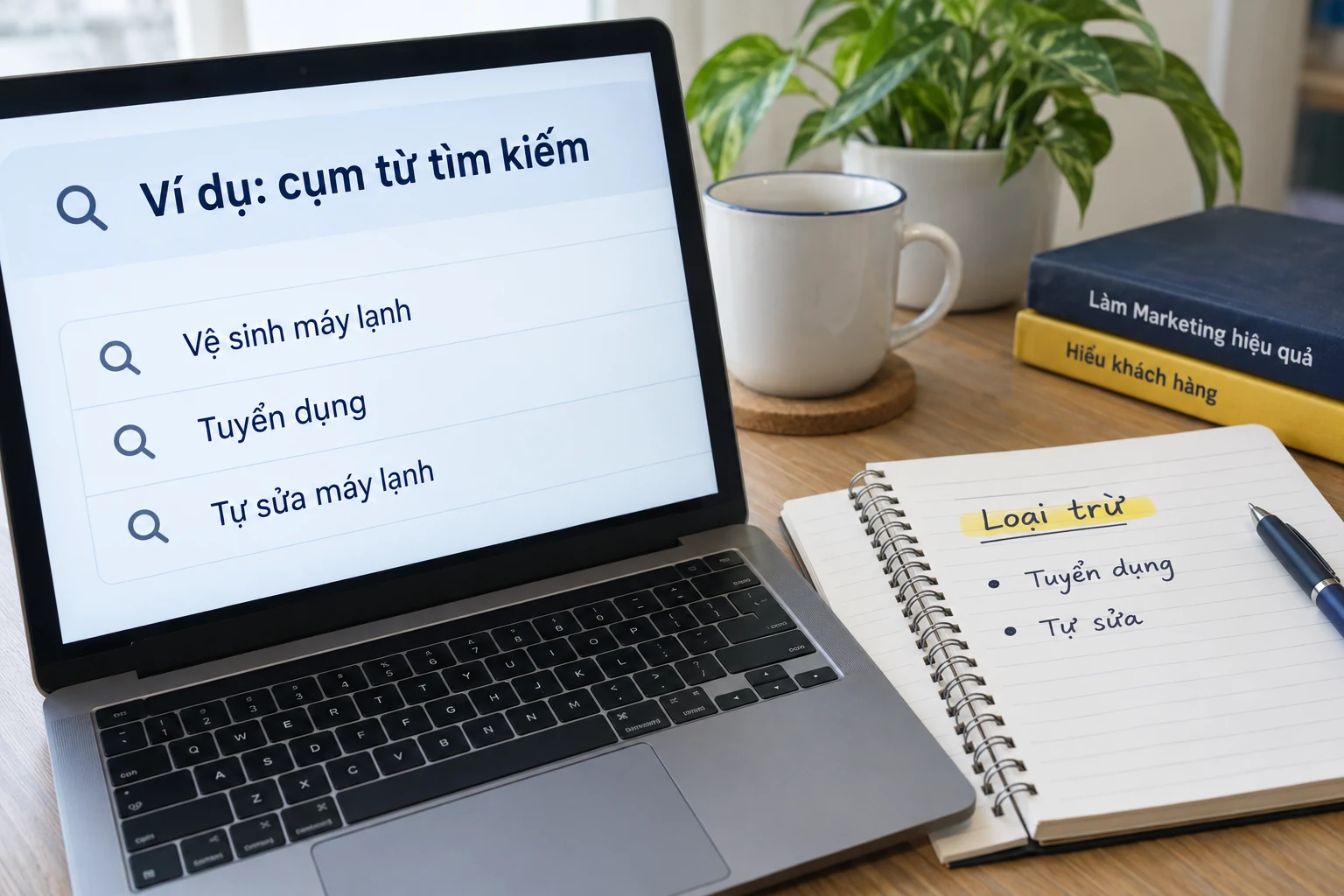 Ví dụ rà cụm từ tìm kiếm để phân biệt nhu cầu mua dịch vụ với truy vấn không phù hợp