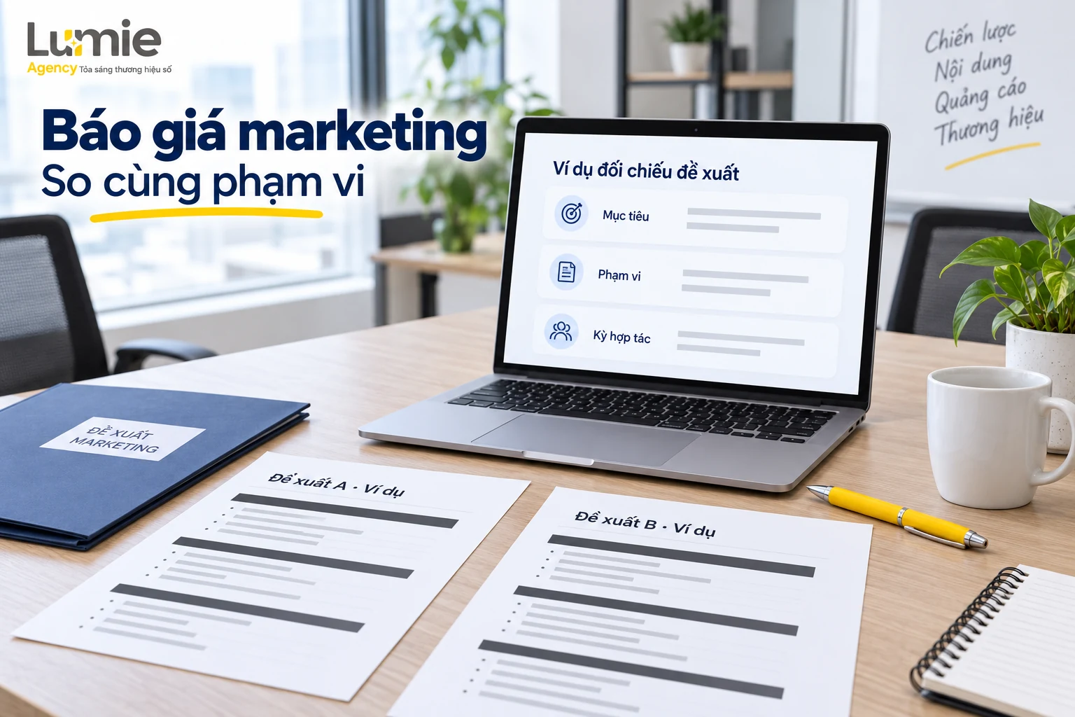 Bàn đọc hai đề xuất marketing với phạm vi, kỳ hợp tác và đầu ra đặt cạnh nhau
