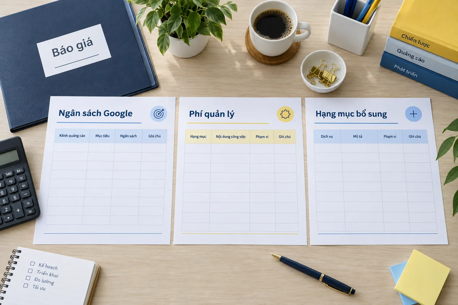 Ba tài liệu ngân sách Google, phí quản lý và hạng mục bổ sung