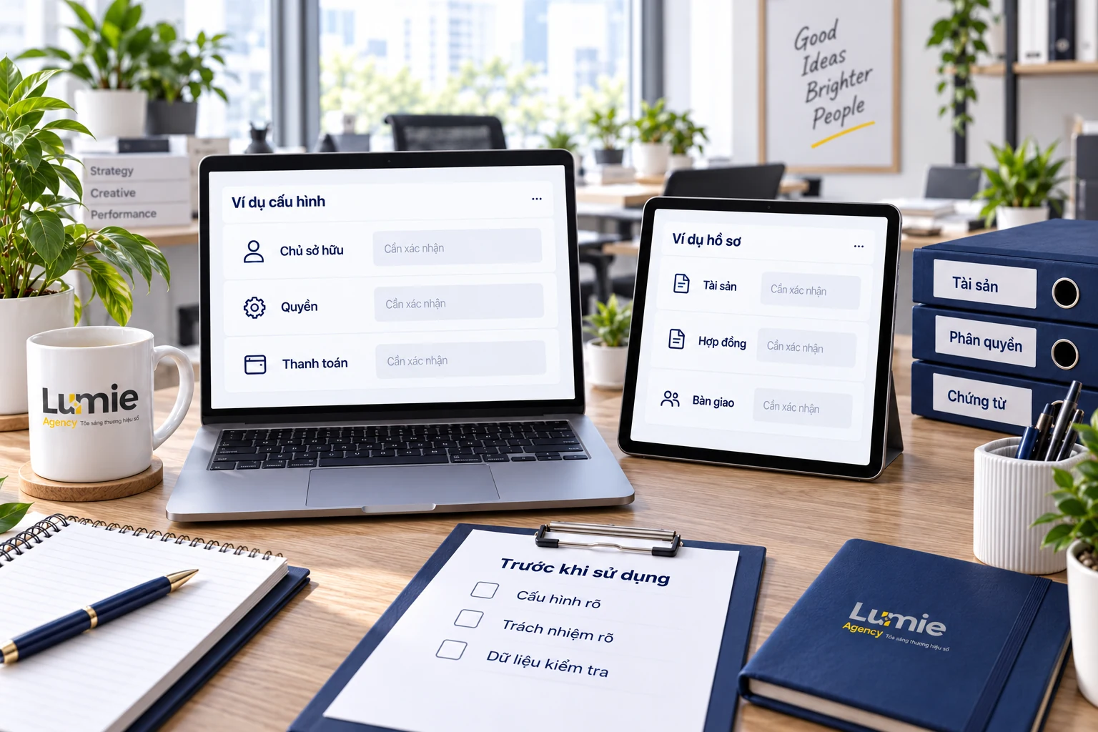 Cảnh kiểm tra cấu hình tài khoản Agency bằng chủ sở hữu, quyền, thanh toán và hồ sơ