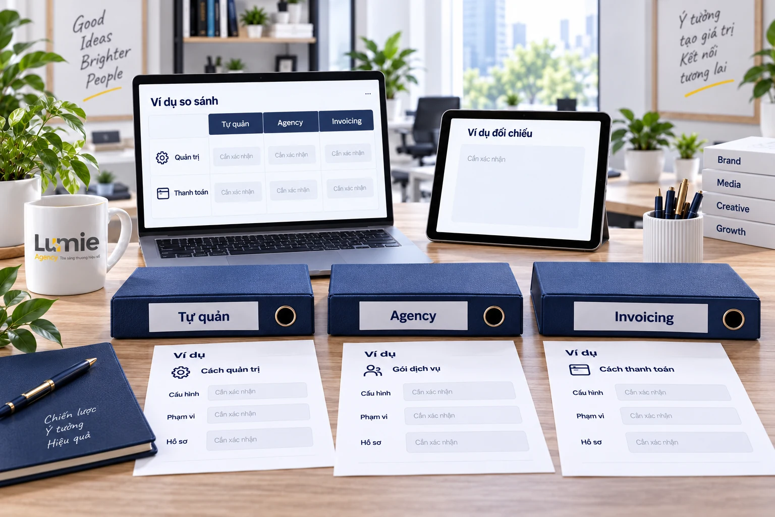 Cảnh so sánh cách tự quản, dịch vụ Agency và phương thức Monthly Invoicing