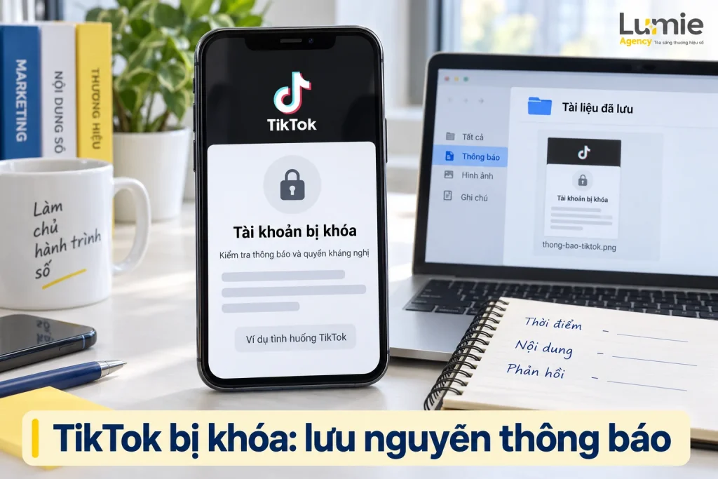 Ví dụ thông báo tài khoản TikTok bị khóa và bản lưu thông báo sự cố