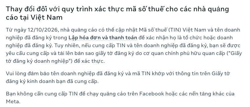 Trích đoạn hướng dẫn Meta về xác minh mã số thuế từ ngày 12/10/2026