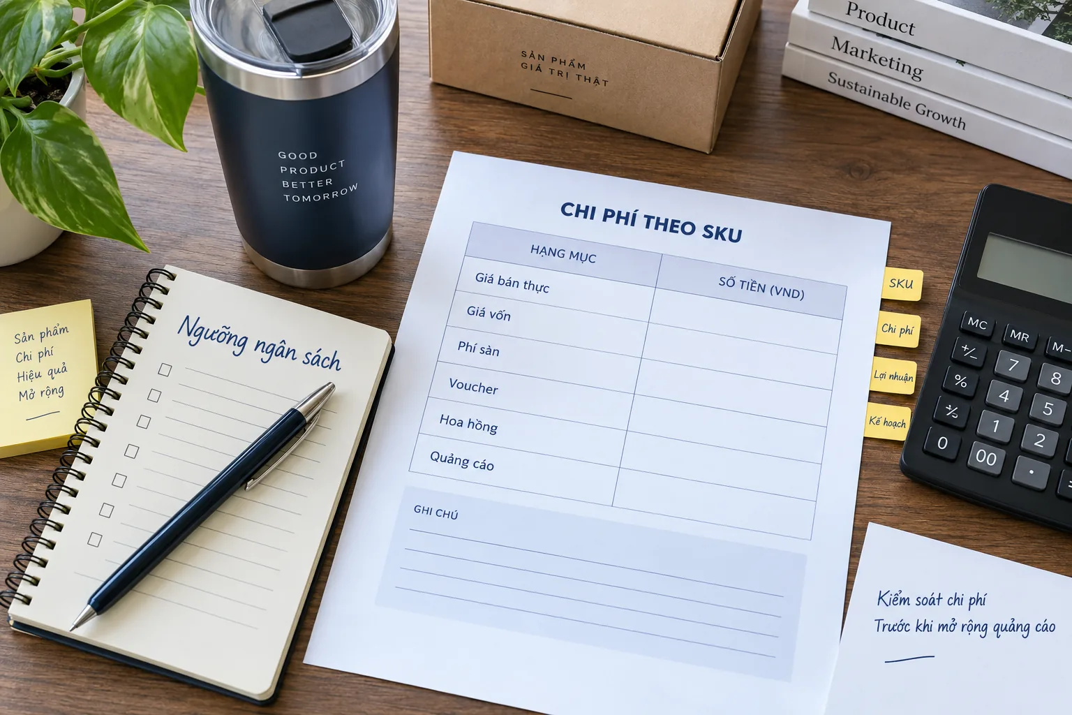 Bảng chi phí theo SKU với giá bán thực, giá vốn, phí sàn, voucher, hoa hồng và quảng cáo