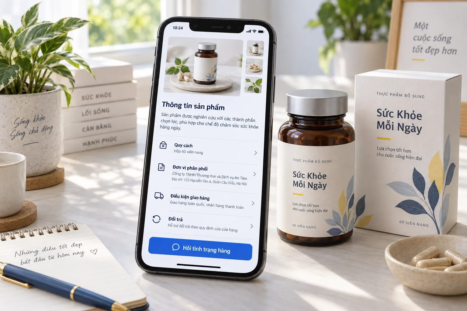 Trang sản phẩm có quy cách, đơn vị phân phối, giao hàng, đổi trả và nút hỏi tồn kho
