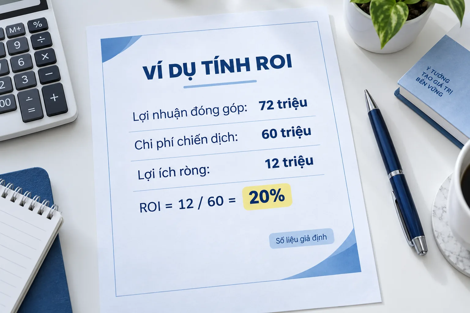 Ví dụ ROI với lợi nhuận đóng góp 72 triệu, chi phí 60 triệu và lợi ích ròng 12 triệu