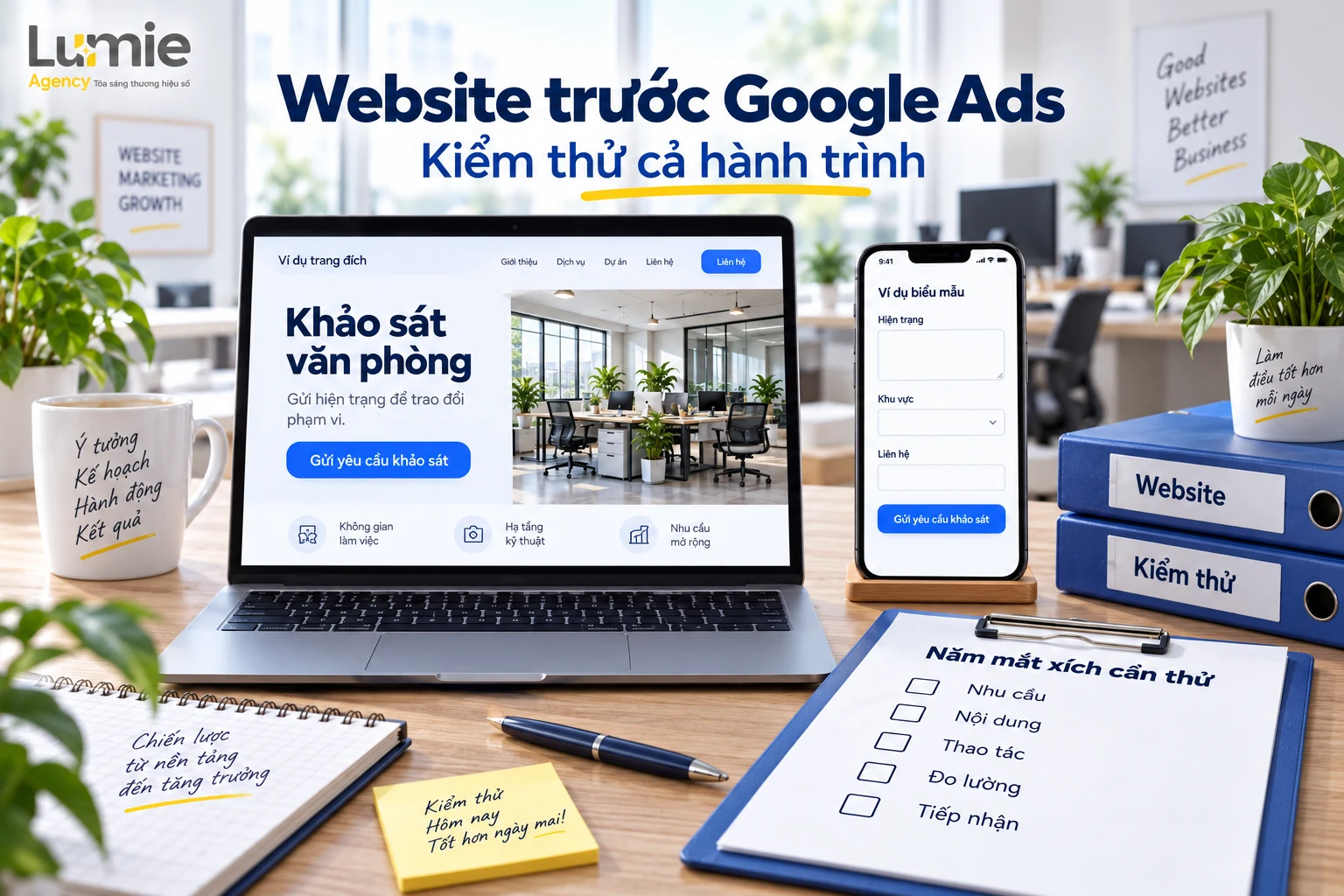 Bàn kiểm tra trang dịch vụ, biểu mẫu và phiếu năm mắt xích trước quảng cáo