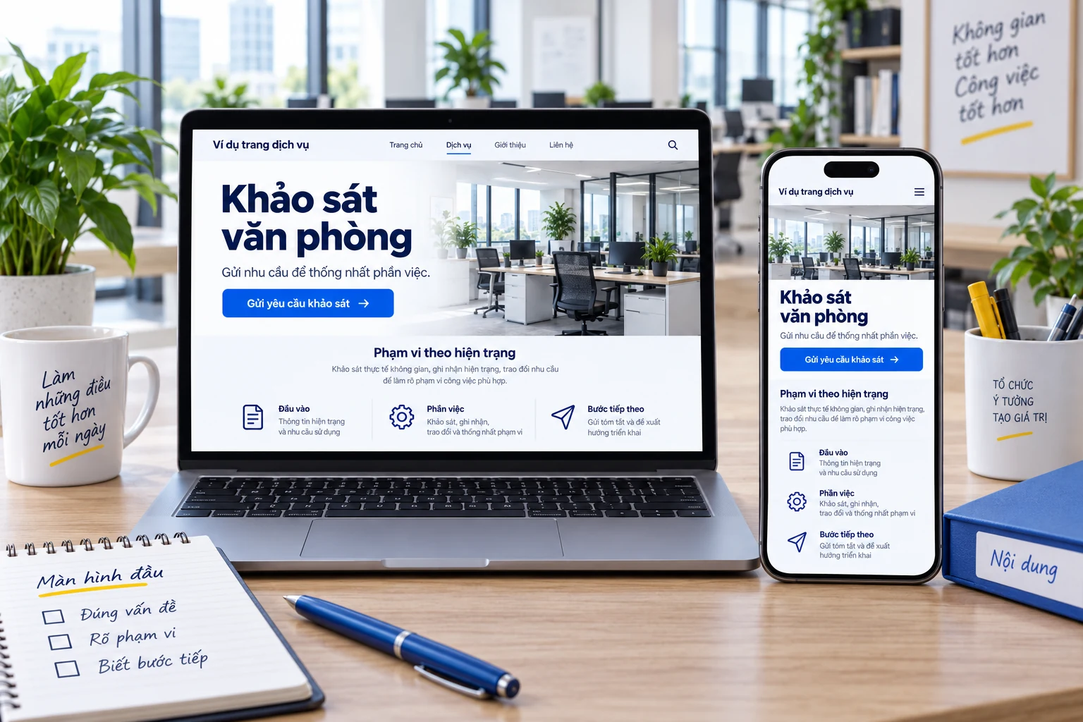 Trang dịch vụ trên laptop và điện thoại làm rõ vấn đề, phạm vi và bước gửi yêu cầu