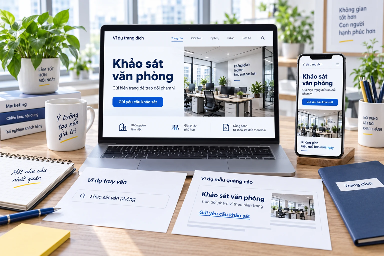 Truy vấn và mẫu quảng cáo trên giấy khớp tiêu đề trang dịch vụ trên laptop