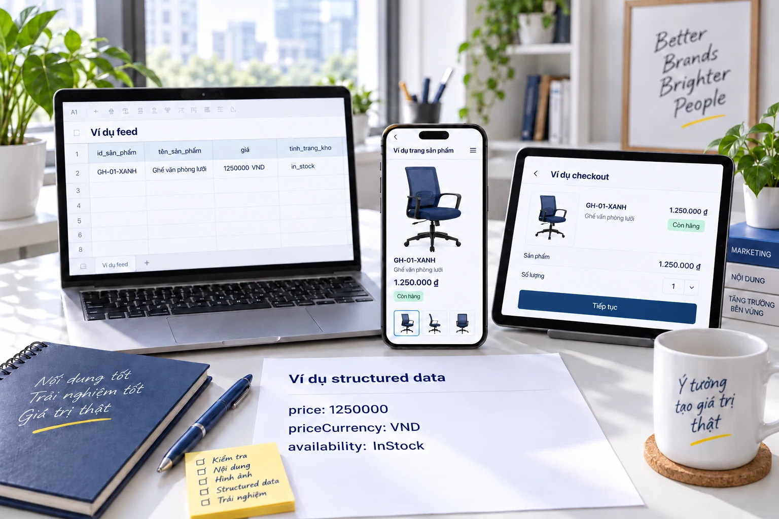 Đối chiếu giá 1.250.000 đồng và còn hàng tại feed, trang sản phẩm, schema và checkout mẫu